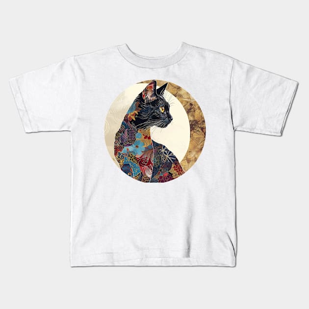 Feline Radiance: Quilted Cat Majesty Kids T-Shirt by Iron Creek